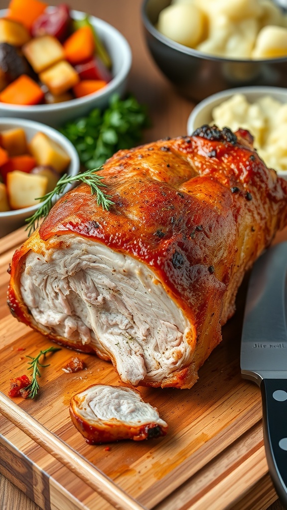 A succulent oven-baked pork butt on a cutting board, garnished with herbs, with sides of roasted vegetables and mashed potatoes.